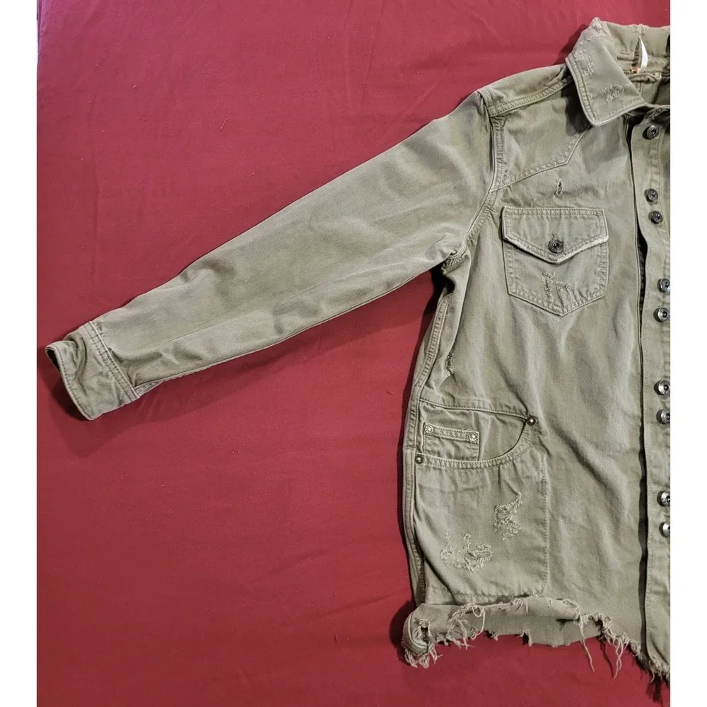 Free People Moonchild Denim Jacket Womens Large Army Green Distressed Size Small - Picture 3 of 14